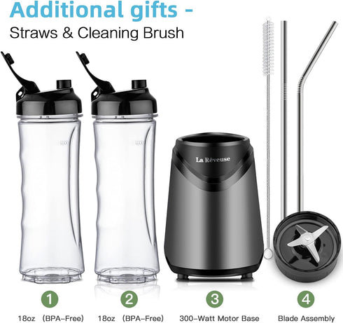 La Reveuse Smoothie Blender Personal Size 300 Watts with 2 Pieces 18 oz BPA-Free Travel Sports Bottles, Grey