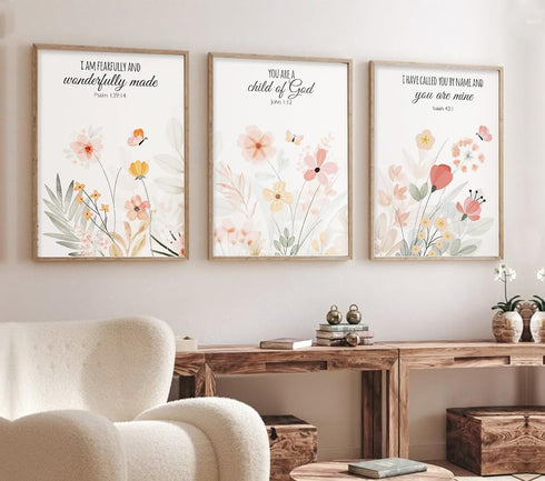 3pcs 12x16 Inch Framed Floral Wall Art Pieces, Christian Art, Bohemian Wall Decorations, Inspirational Bible Verse
