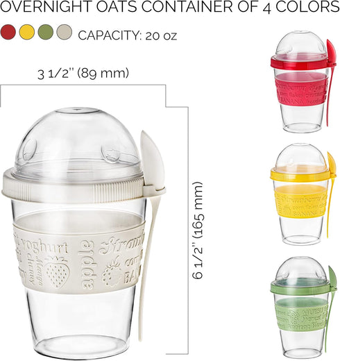 4 Pack 20 oz Crystalia On The Go Yogurt Parfait Cups with Lids & Spoons, Overnight Oats Containers/Jars, Oatmeal