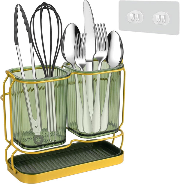 Utensil Holder for Kitchen Countertop, Plastic Organizer with Drain Tray, Wall Mounted Large Crock for Spatula Spoon