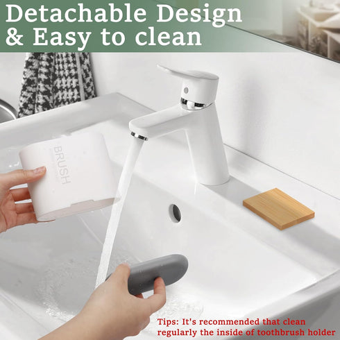 Toothbrush and Toothpaste Holder with Bamboo Divider for Bathroom Countertop Organizer, 2 Slots for Family (White)