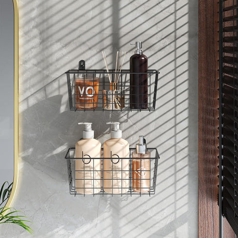 MaraFansie 2 Pack Hanging Kitchen Baskets, Wire Storage Basket Over the Cabinet Door Organizer with Adhesive Strips