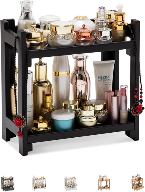 GOBAM Multi-Function Cosmetic Organizer, Vanity Makeup Holder for Bathroom, Easy Assembly, No Screws, Black Bamboo