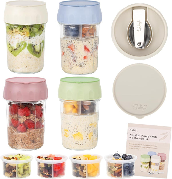 SOLIGT 4 Pack Overnight Oats Containers with Lids, Folding Spoons and Divided