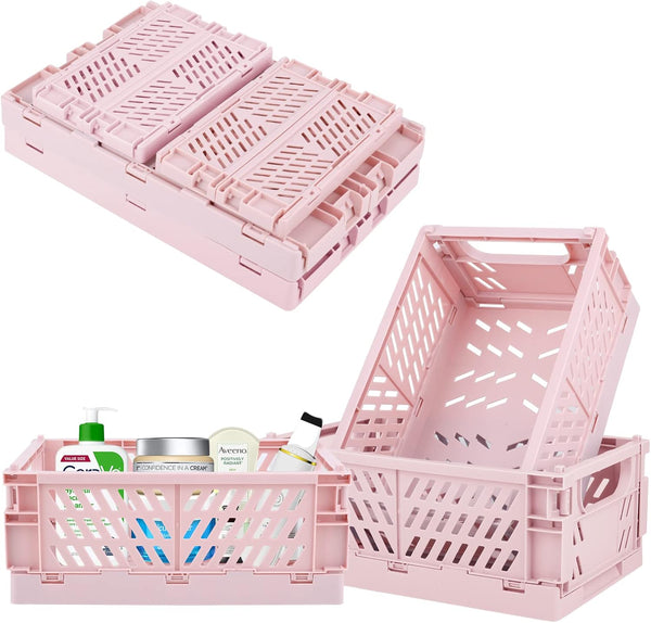 Pink Plastic Baskets for Desk Organizing - 2 Medium + 2 Small Durable Folding Storage Crates for Home & Office