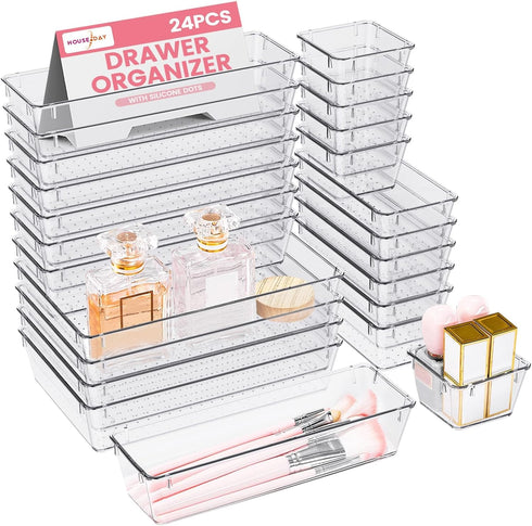 HOUSE DAY Makeup Drawer Organizer Trays - 24 PCS Clear Organizers with Silicone Pads for Desk, Bathroom, Kitchen