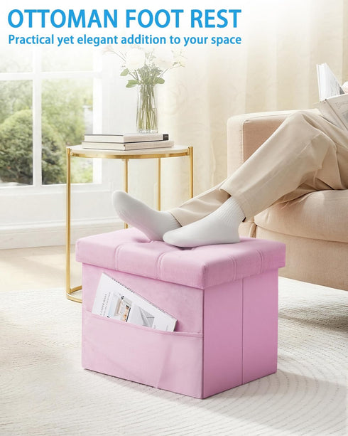 17 inches Storage Ottoman Foot Stool, Folding Ottoman with Storages, Velvet Storage Bench with Side Pocket, Foot Rest