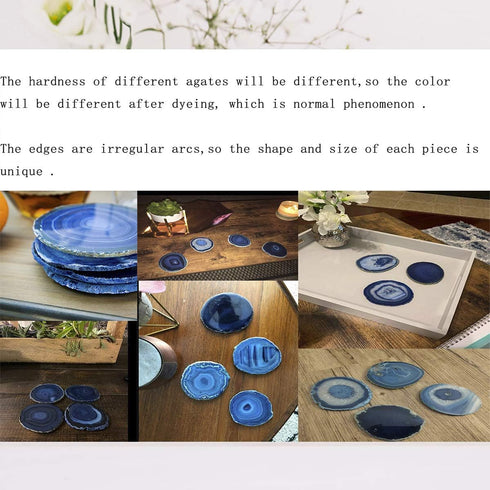 JIC Gem 3-3.5" Dyed Blue Color Small Size Agate Coasters Set of 4 with Protective Rubber Bumper