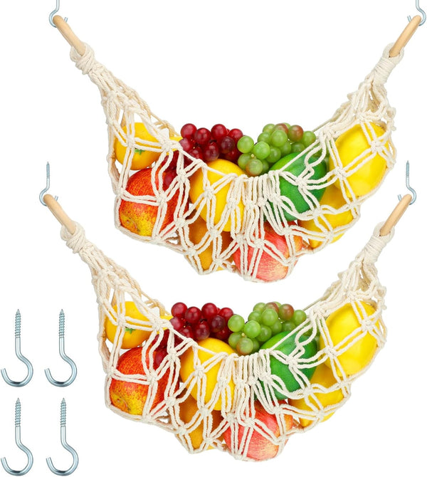 2 Pcs Large Macrame Fruit Hammock 11.8 x 20 Inch, Hand-woven Lace Hanging Basket for Kitchen, Saves Counter Space