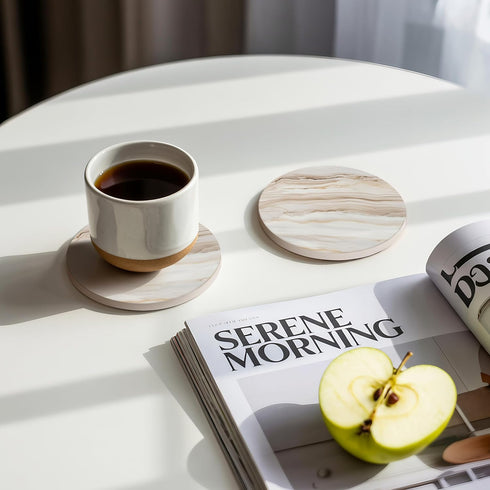 Veyro Set 6 Ceramic Coasters of Absorbent Stone Drink Coasters with Holder, Non-Slip Cork Backing, Modern Marble Look