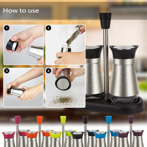 Evelyne 2-Piece Set Salt & Pepper Glass Shaker with Stainless Steel Cover and Tray