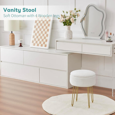BRIAN & DANY Vanity Stool, Faux Fur Vanity Stool Chair with Storage, Round Makeup Chair Soft Padded Seat with Legs