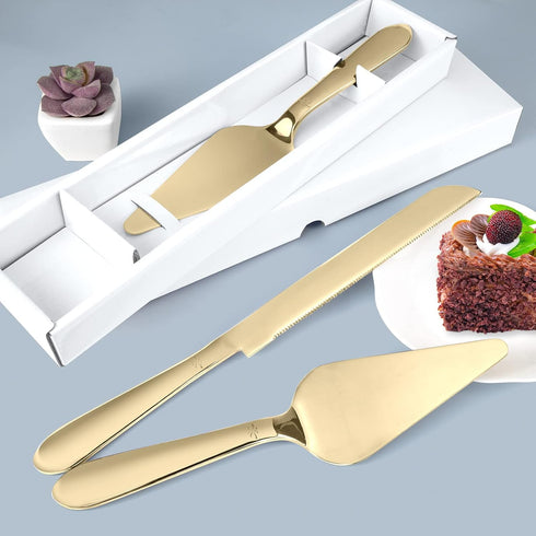 Cake Cutting Set for Wedding, Elegant Knife and Server with Stainless Steel Rounded Edges, Gold Gift Set of 2