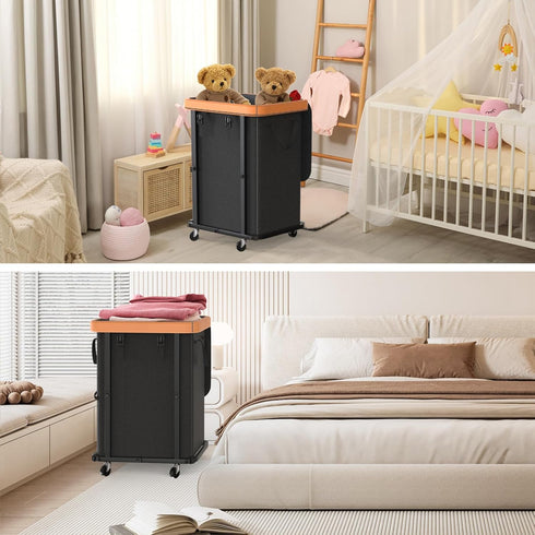150L (40 Gal) Large Fashion Laundry Basket with Wheels, Leather Patchwork Rolling Hamper Carts, Sturdy Metal Frame