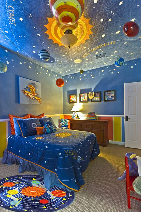Blue Solar System Kids Area Rug - Educational Learning Carpet for Playroom & Nursery (39" Round)