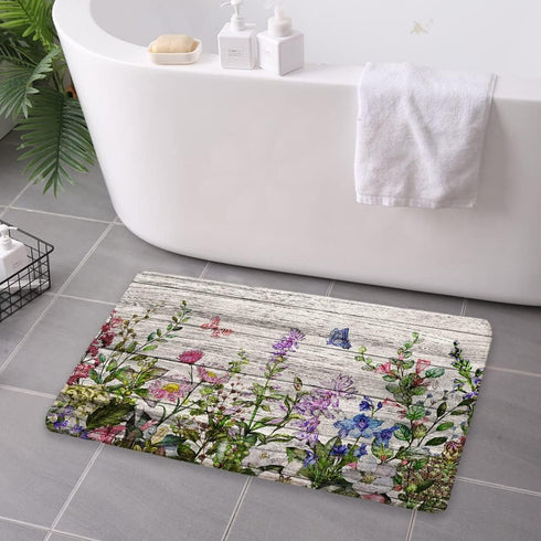 Floral Bath Mat, Spring Flower Microfiber Memory Foam Bathroom Decor Mat with Non-Slip Backing