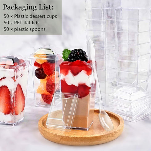 50 Pack 3 oz TOFLEN Square Mini Dessert Cups with Lids and Spoons Clear Plastic Dessert Shooter Cups for for Party