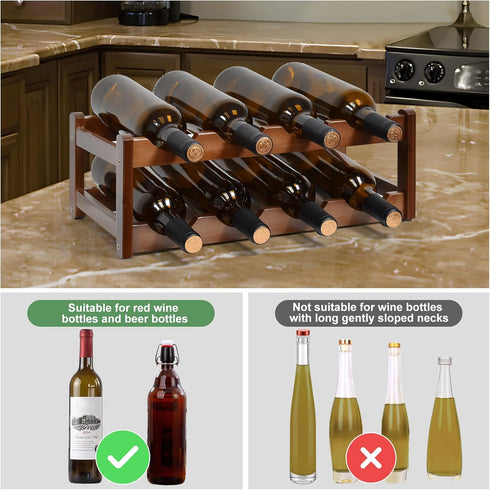 Bamboo Wine Rack, 2-Tier Free Standing Holder for 8 Bottles, Countertop Storage Shelf for Kitchen and Dining Room