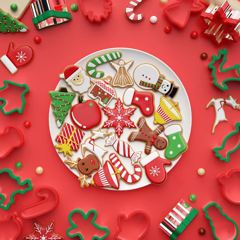 Christmas Cookie Cutters Set - 16 Pieces Stainless Steel Baking Cutters with Comfort Grip for Holiday Shapes