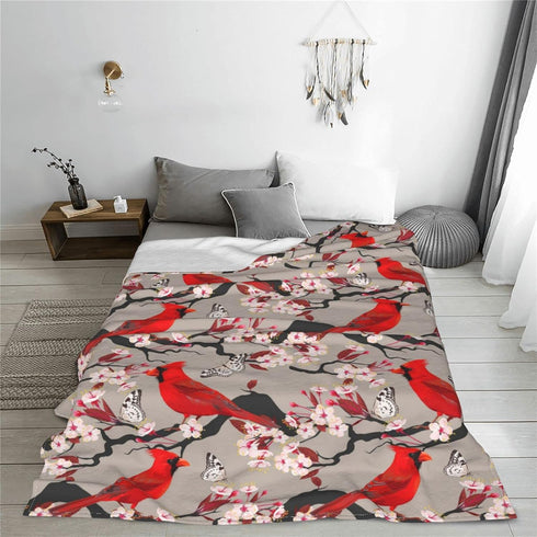Red Cute Birds Cherry Flowers Soft Throw Blanket - 40x50 inch Lightweight Warm Flannel Fleece for Couch Bed