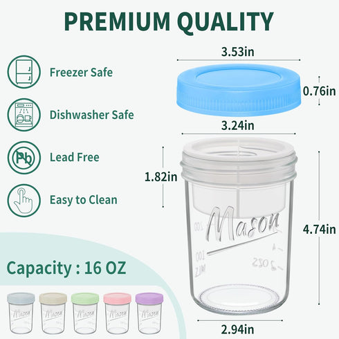 16 oz 6-Pack Xyptorix Overnight Oats Containers with Lids, Leak-Proof Wide Mouth Mason Jars & Separate Compartments