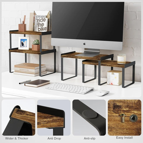 Goozii Set 4 Kitchen Cabinet Organizers and Storage Shelves, Rustic Farmhouse Desk Shelf Riser for Cabinets, Black