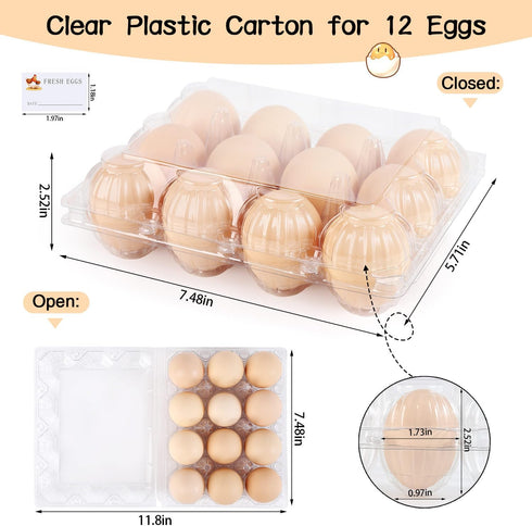 Egg Cartons 80 Pieces, Clear Plastic Reusable Egg Tray Container Holder for 12 Count Eggs, Bulk Storage with Sticker