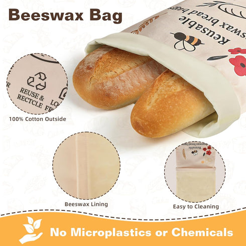 2 Pack XL Reusable Beeswax Bread Bags for Sourdough Baking, Organic Waxed Lined, Cotton Bread Bags for Homemade Bread