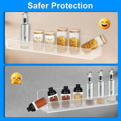 CRAFTIFANO 15 inch 6 Clear Acrylic Spice Rack Wall Mounted Floating Shelf with Removable End Guards for Kitchen Cabinet