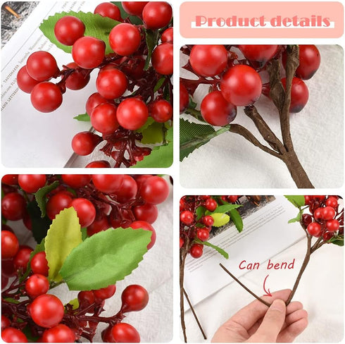 4 HUIANER Pcs Artificial Red Berries, Christmas Fake Flowers Lifelike Redberry Stems Faux Fruit for Valentine's Day