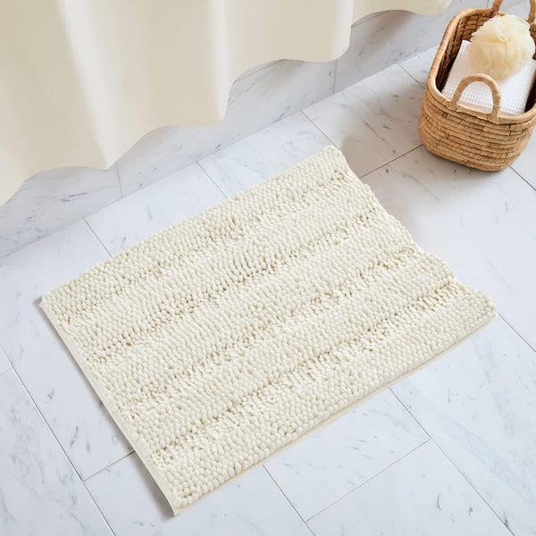 NICETOWN Super Thick Soft Chenille Bath Mats, Striped, Machine Washable, Durable Doormat, Water Absorbent, Cream, 32" x
