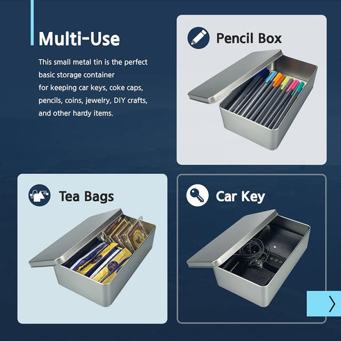Silver Metal Tin Box Lids, Large Containers for Keeping Car Keys, Cookies, Pencil Case, 8.2 x 4.7 x 2.4 inch