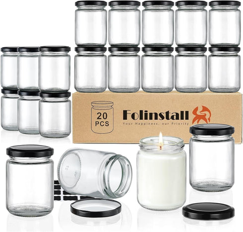 Folinstall 8 oz Small Glass Jars with Airtight Lids, 20 Pcs Candle