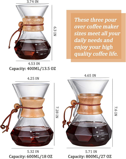 Pour Over Coffee Maker with Reusable Stainless Steel Filter, Lead-Free Borosilicate Glass Carafe