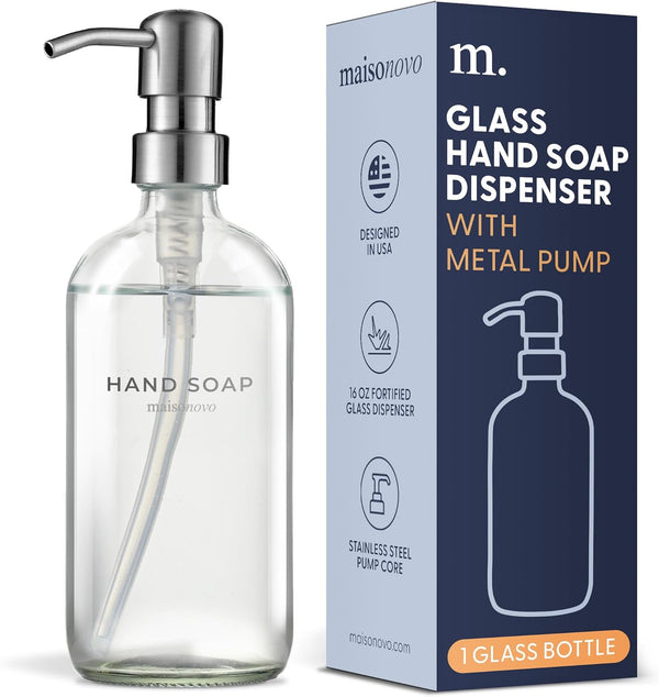 MaisoNovo Hand Soap Dispenser, 16.9 fl oz Clear Glass with Silver Pump, Bathroom Soap Dispenser x 1