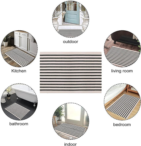 LEEVAN Black and White Striped Rug Doormat 24"x35", Washable Cotton Hand Woven for Entryway