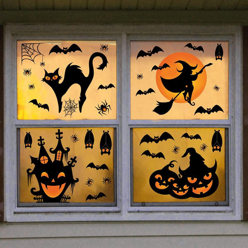 Extra Large Halloween Decorations Window Clings Decor, Spooky Witch Black Cat Pumpkin Silhouette Stickers, 4 Sheets