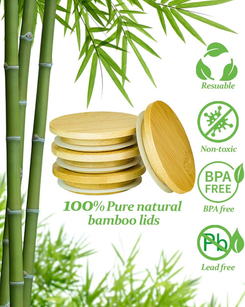 4 Pack 4 5Oz Oui Yogurt Jar Lids with Labels, Food-Grade Bamboo Lids for Oui Yogurt Jars, Reusable Wooden Canning