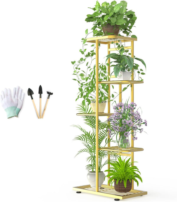 Facofaco 5 Tier 6 Potted Gold Plant Stand Indoor Outdoor with Gardening Tools