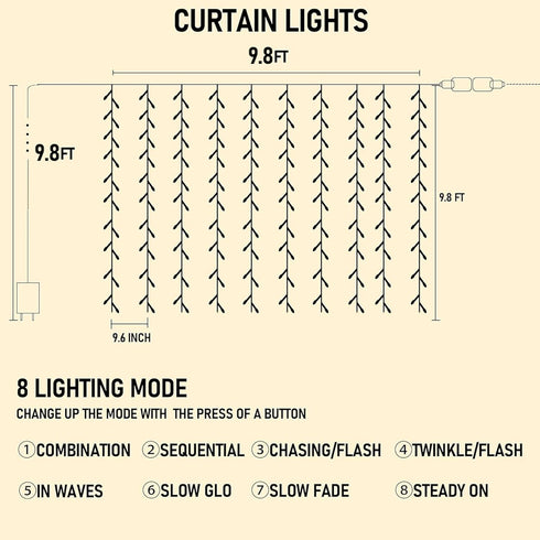 300 8 Dazzle Bright LED Curtain String Lights, Christmas Fairy Lights for Bedroom with Lighting Modes, Connectable