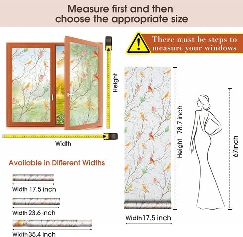 Coavas Non-Adhesive Privacy Window Film, Translucent Bird Decorative Glass Film, Static Cling for Home Office (17.5 x