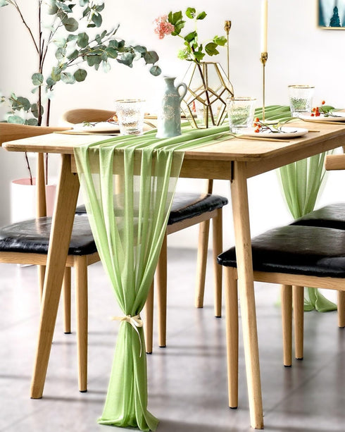 BOXAN Elegant 30x120 Inch Sage Green Sheer Table Runner, 10Ft Chiffon Overlay for Party Decor