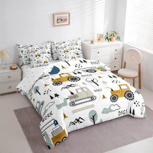 Set 7 Set Set Feelyou Cartoon Car Kids Comforter with Sheets Piece Twin Size Construction Bedding Boys Decor Equipment