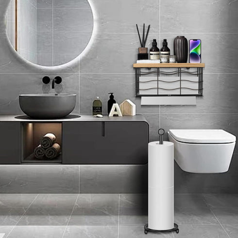 Metal Paper Towel Dispenser with Wood Lid, Wall Mounted & Countertop Tri-Fold Napkin Holder for Home Bathroom Kitchen