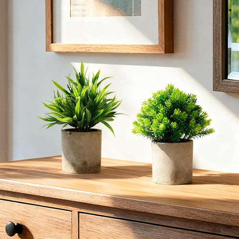 Set 5, AUUGUU Artificial Potted Plants of Realistic Faux Greenery in Cement Pots for Home Office Desk Bookshelf Decor