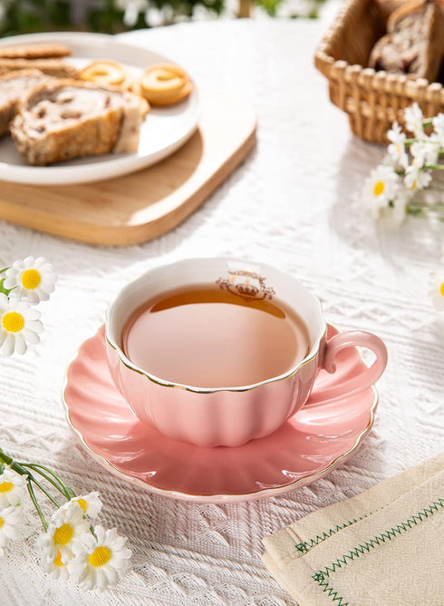 Set, Set 6 (8 oz)- Amazingware Royal Tea Cups and Saucers, with Gold Trim and Gift Box, British Coffee Cups, Porcelain