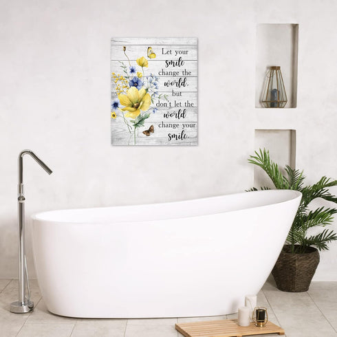 LB Yellow Floral Wall Art - Butterfly Blue Flower Funny Inspirational Canvas for Bathroom Rustic Farmhouse Decor