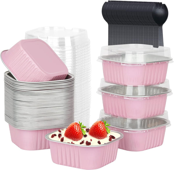 LNYZQUS 10oz Mini Cake Pans with Lids, 40 Pack Aluminum Foil Square Brownie Baking Cups, Disposable Jumbo Muffin Tin