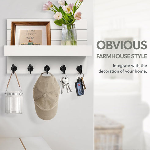 Key Holder for Wall, Easy Installation Mail Organizer with 5 Sturdy Hooks for Kitchen and Entryway Decor - White