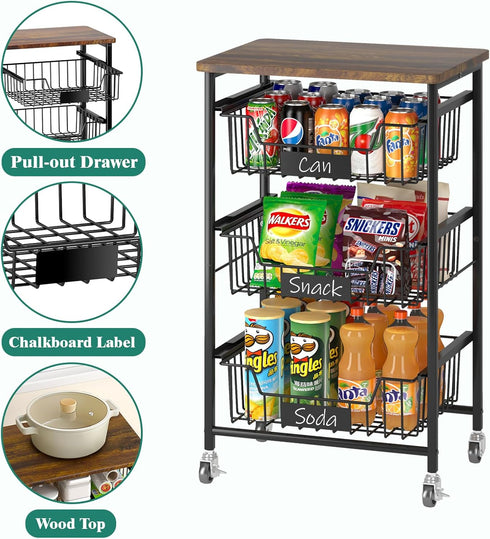 Kitchen Storage Cart with Wheels - 4-Tier Metal Utility Rolling Cart with Wood Top & Pull Out Baskets